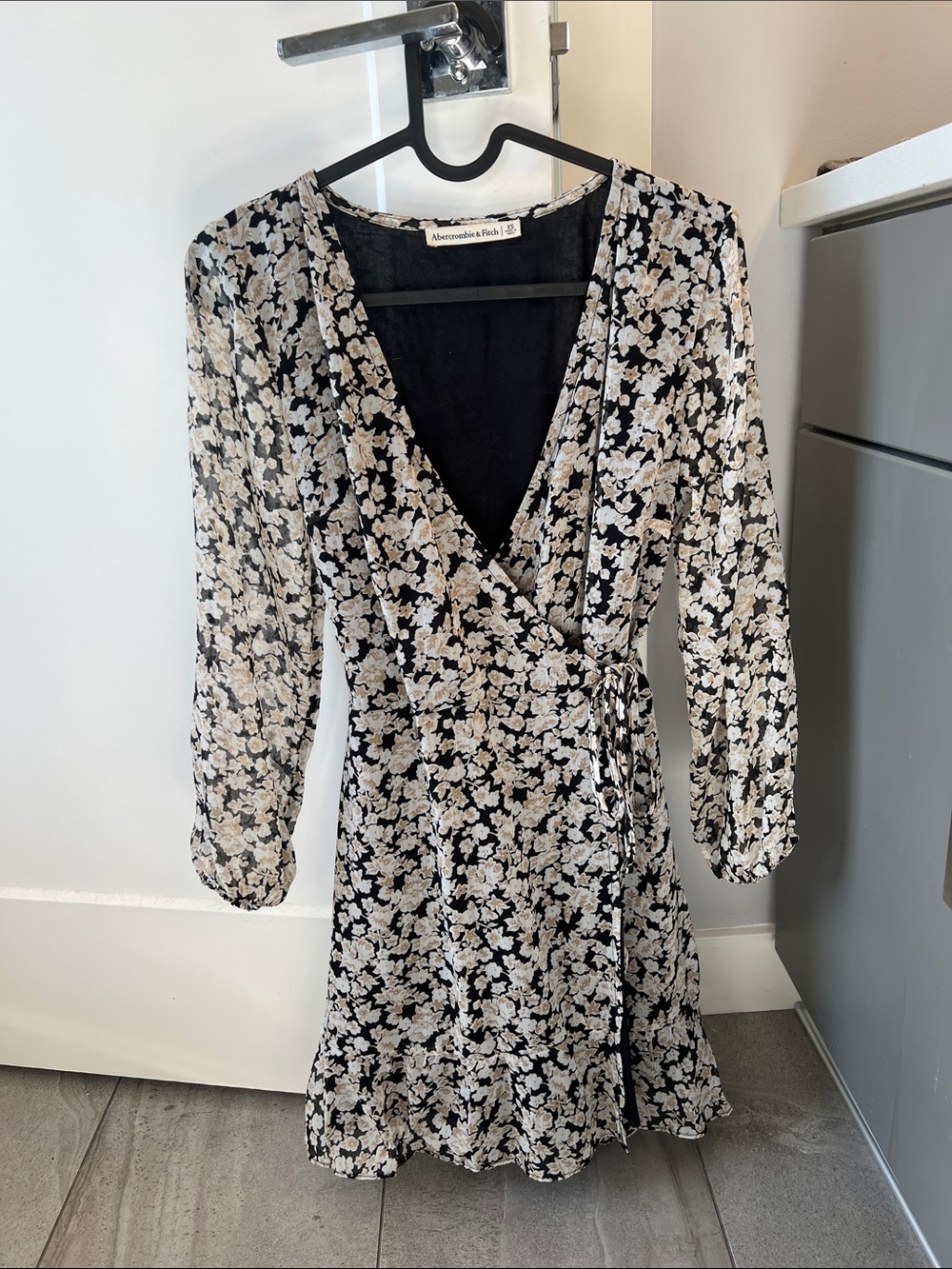 Abercrombie & Fitch Black Floral Wrap Dress with Cream Print